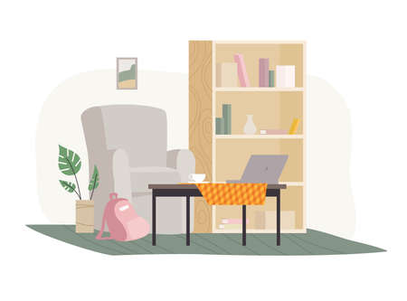 Vector illustration of cozy home workplace, room with table, coffee cup, laptop and chair. Flat cartoon style.のイラスト素材