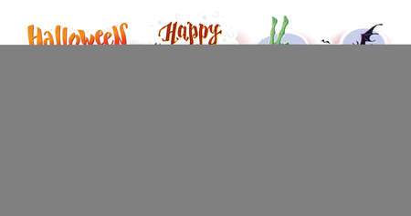 Collection of funny scary Halloween stickers. Pumpkin, witch hat, congratulation, ghost isolated. Vector flat cartoon illustration. For banners, packaging, cards.のイラスト素材