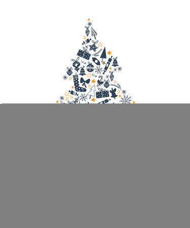 Merry Christmas fir tree ornament made with xmas symbols and icons isolated. Vector flat illustration. For cards, banners, prints, packaging, invitations.のイラスト素材