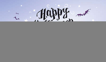 Happy Halloween poster, card, banner design template. Pumpkins, text congratulation, bats flying. Vector flat cartoon illustration for placard, party invitation, packaging, web.のイラスト素材