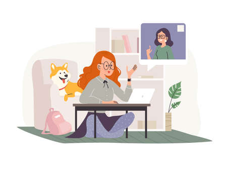 Vector flat cartoon illustartion of young girl student at laptop having online lesson at home. Distance study, remote learnig, online school classes, teaching.のイラスト素材