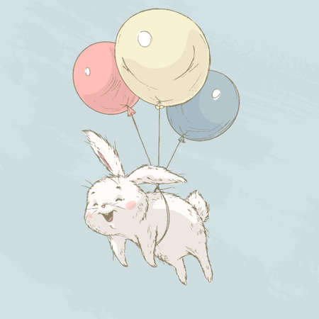 Cute little white bunny character flying with balloons isolated. Vector flat sketch hand drawn illustration. For nursery cards, banners, stickers, baby shower etc.のイラスト素材