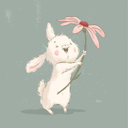 Cute little white bunny character stand with big flower isolated. Vector flat sketch hand drawn illustration. For nursery cards, banners, stickers, baby shower etc.のイラスト素材