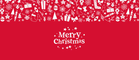 Merry Christmas banner with congratulation text and xmas icons ornament isolated. Vector flat illustration. For cards, banners, prints, packaging, invitations.のイラスト素材