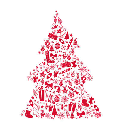 Merry Christmas fir tree ornament made with xmas symbols and icons isolated. Vector flat illustration. For cards, banners, prints, packaging, invitations.のイラスト素材