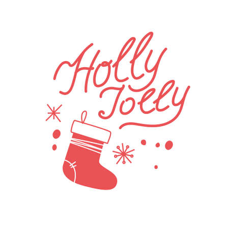 Merry Christmas congratulation design with Holly Jolly hand writing, snowflakes and xmas stocking isolated. Vector flat illustration. For cards, banners, prints, packaging, invitations, tags.のイラスト素材