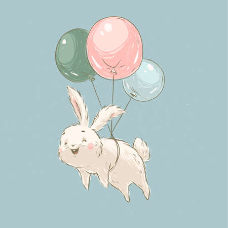 Cute little white bunny character flying with balloons isolated. Vector flat sketch hand drawn illustration. For nursery cards, banners, stickers, baby shower etc.のイラスト素材