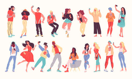 Set of young people full weight portraits using phones, listening music in headphones, dancing, making selfie and video calls, chatting. Multiethnic teens characters. Vector flat cartoon illustration.のイラスト素材