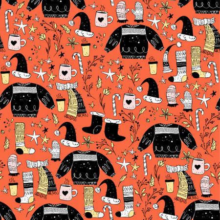 Christmas holiday seamless pattern with ugly sweater, stocking, candy cane, holly berry, santa hat isolated. Hand drawn doodle flat illustration. For cards, prints, packaging, banners.のイラスト素材