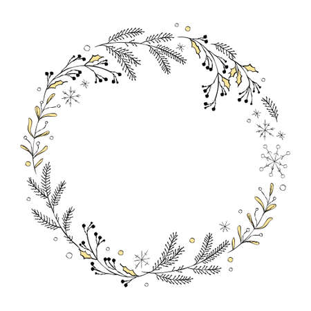 Christmas round floral wreath isolated. Vector hand drawn doodle illustration. For holiday party cards, packaging, banners, tag etc.のイラスト素材