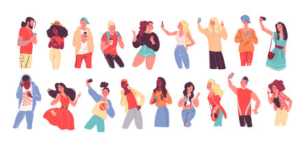 Set of young trendy people using phones, listening music in headphones, dancing, making selfie and video calls, chatting. Multiethnic teens characters portraits. Vector flat cartoon illustration.のイラスト素材