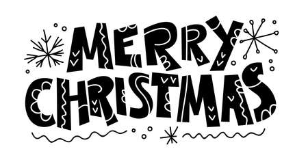 Merry Christmas congratulation isolated. Lettering hand drawn text. Vector doodle hand drawn illustration. For holiday cards, party flayers, banners, tags, prints etc.のイラスト素材