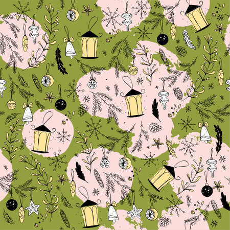 Christmas holiday seamless pattern with mistletoe, lantern, fir tree branches isolated. Hand drawn doodle flat illustration. For cards, prints, packaging, banners.のイラスト素材