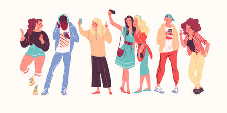 Group of young trendy people using phones, chatting, listening music in headphones, making selfie and video calls isolated. Multiracial teens characters portraits. Vector flat cartoon illustration.のイラスト素材