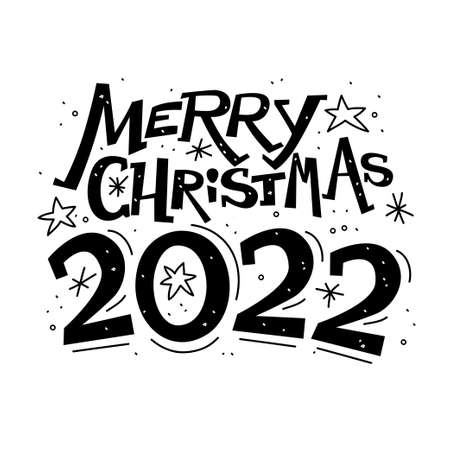 Merry Christmas 2022 congratulation isolated. Lettering hand written text. Vector illustration. Hand drawn doodle style. For holiday cards, party flayers, banners, tags etc.のイラスト素材