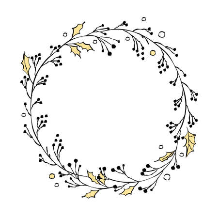 Christmas round floral wreath isolated. Vector hand drawn doodle illustration. For holiday party cards, packaging, banners, tag etc.のイラスト素材