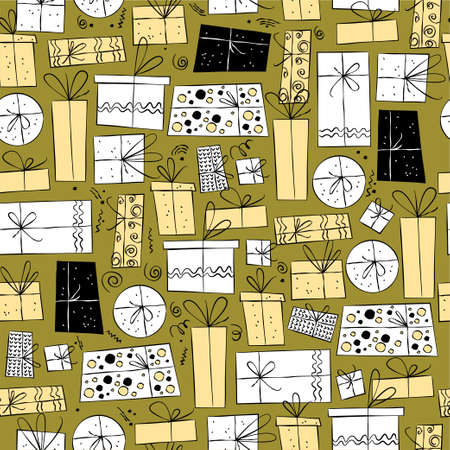 Christmas holiday seamless pattern with variant gift boxes and presents isolated. Hand drawn doodle flat illustration. For cards, prints, packaging, banners.のイラスト素材