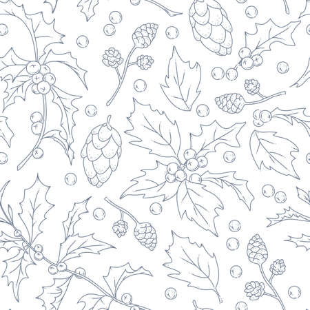 Seamless pattern with winter holiday decor elements isolated. Holly berry branch, pine cone. Line art, contour drawing, doodle hand drawn style. Vector illustration.のイラスト素材