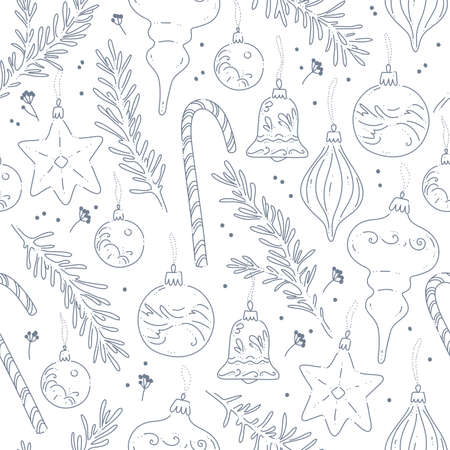 Seamless pattern with winter holiday toys decor elements isolated. Fir tree branches, toys. Line art, contour drawing, doodle hand drawn style. Vector illustration. For Christmas gifts.のイラスト素材