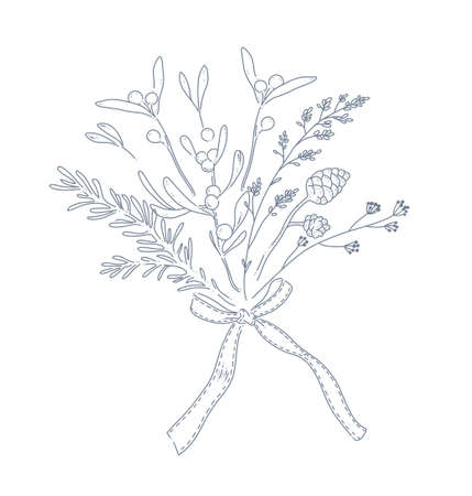 Winter bouquet with holiday decor plants mistletoe, fir treee branches, ribbon bow isolated. Line art hand drawn doodle vector illustration. For packaging, cards, banners, invitation.のイラスト素材