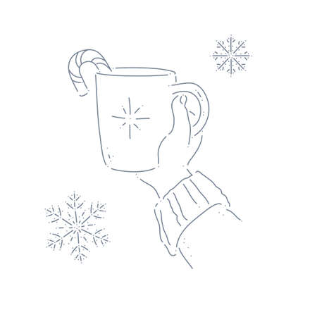 Woman hand in sweater holding cup with hot beverage and candy cane, snowflakes isolated. Line art hand drawn vector illustration. For Christmas cards, packaging, congratulation.のイラスト素材