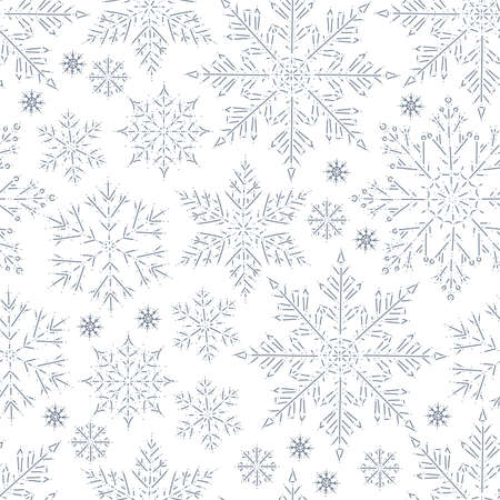 Seamless pattern with winter holiday snowflakes decor elements isolated. Line art, contour drawing, doodle hand drawn style. Vector illustration. For gift packaging.のイラスト素材