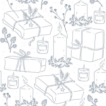 Seamless pattern with winter holiday gifts and decor elements isolated. Presents, candles, fir tree branches. Line art, contour drawing, doodle hand drawn style. Vector illustration.のイラスト素材