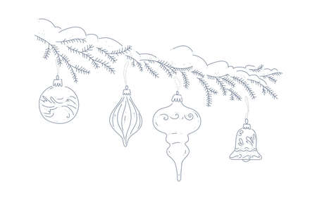 Snowy fir tree branch with Christmas tree toys hanging isolated. Winter holiday decor. Line art, contour drawing, hand drawn vector illustration. For cards, prints, packaging.のイラスト素材