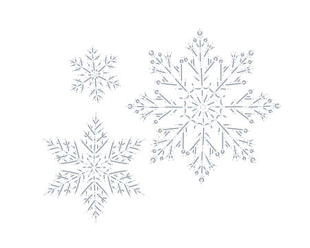 Set of decor snowflakes isolated. Line art, contour drawing. Vector illustration. For ornaments, wallpapers, Christmas holiday decor, packaging design.のイラスト素材