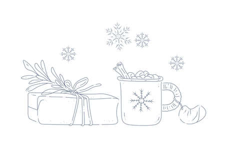 Vector line art illustration with Christmas gift box, cup with hot beverage, tangerine slice and snowflakes isolated. Hand drawn contour drawing. For banners, prints, cards.のイラスト素材