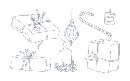Collection of holiday objects gift boxes, candles, candy cane isolated. Line art, doodle drawing. Vector hand drawn illustration. For winter patterns, Christmas cards, invitations, banners, packaging.のイラスト素材