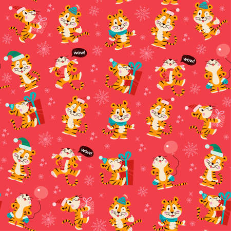 Vector holiday seamless pattern with cute funny little winter tigers isolated. Flat hand drawn style. For Christmas prints, fabrics, cards, packaging paper, scrapbooking.のイラスト素材