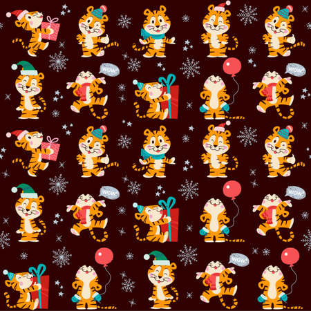 Vector holiday seamless pattern with cute funny little winter tigers isolated. Flat hand drawn style. For Christmas prints, fabrics, cards, packaging paper, scrapbooking.のイラスト素材