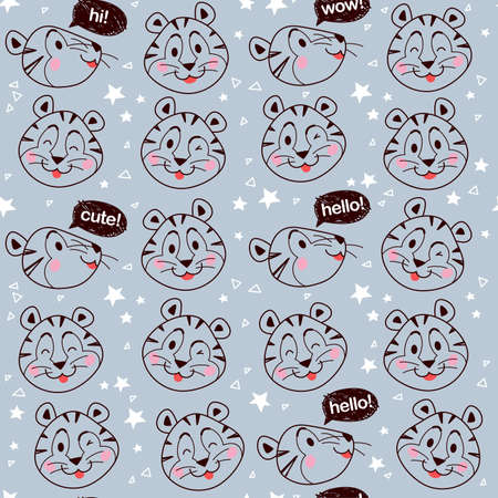 Vector seamless pattern with cute funny little tigers isolated. Flat hand drawn style. For prints, fabrics, cards, packaging paper, scrapbooking.のイラスト素材