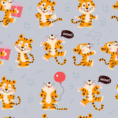 Vector seamless pattern with cute funny little tigers isolated. Flat hand drawn style. For prints, fabrics, cards, packaging paper, scrapbooking.のイラスト素材