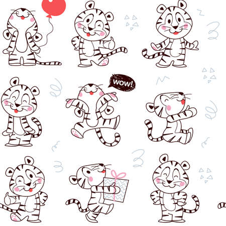 Vector seamless pattern with cute funny little tigers isolated. Flat hand drawn style. For prints, fabrics, cards, packaging paper, scrapbooking.のイラスト素材