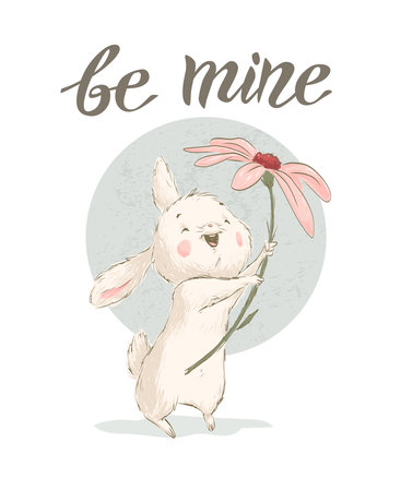 Hand drawn illustration with cute little white bunny character hold big chrysanthemum flower isolated. Vector flat sketch. For Valentine day cards, banners, stickers, prints, sublimation etc.のイラスト素材