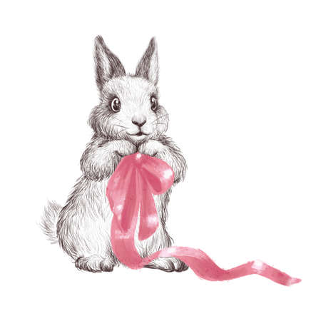 Hand drawn watercolor illustration with cute adorable bunny character hold pink ribbon in bow isolated. For Valentines day cards, prints, banners, posters, invitations.の写真素材