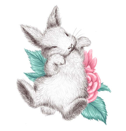 Hand drawn watercolor illustration with cute adorable bunny little character sleeping on pink flowers blossom isolated. For Valentines day cards, prints, banners, posters, invitations.の写真素材