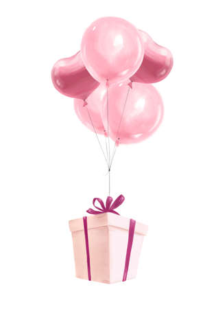 Watercolor hand drawn illustration with gift box fly on pink heart balloons isolated. For Valentine day love cards, banners, invitations, prints, posters, sublimation etc.の写真素材