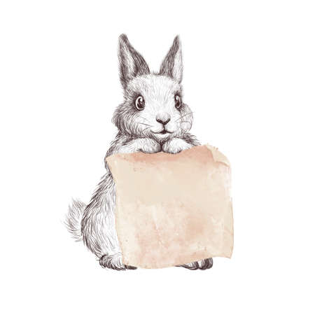 Hand drawn watercolor illustration with cute adorable bunny character hold piece of textured paper for text message isolated. For Valentines day cards, prints, banners, posters, invitations.の写真素材