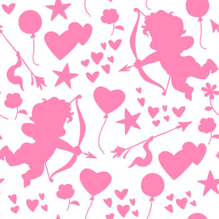 Vector Valentine day seamless pattern with cupid and hearts silhouettes isolated. For packaging paper, scrapbooking, prints, holiday cards etc.のイラスト素材