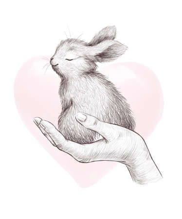 Watercolor holiday illustration with cute little bunny animal sit in human hand isolated. For Valentine day card, invitation, baby shower, print, sublimation design.の写真素材