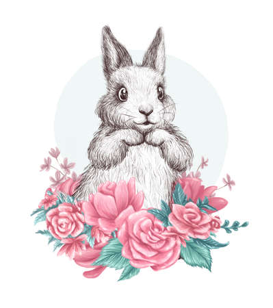 Watercolor holiday illustration with cute little bunny animal in floral rose bouquet isolated. Pastel color, black and white graphic. For Valentine day card, invitation, print, sublimation design.の写真素材