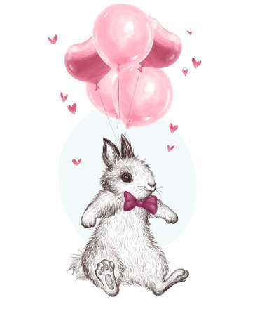 Watercolor holiday illustration with cute little bunny animal in bow tie flying on pink balloons isolated. For Valentine greeting day card, invitation, print, sublimation design, baby shower.の写真素材