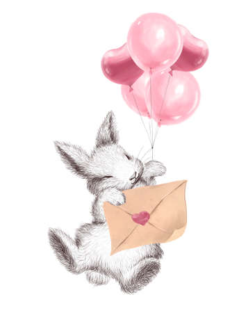 Watercolor holiday illustration with cute little bunny animal with love letter and balloons isolated. sketch style. For Valentine day card, invitation, print, sublimation design.の写真素材
