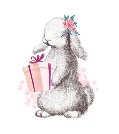 Watercolor holiday illustration with cute little bunny animal in floral wreath and gift box isolated. For Valentine day card, invitation, print, baby shower, sublimation design.の写真素材