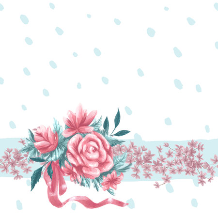 Watercolor hand drawn holiday seamless pattern with floral bouquet arrangement and ribbon bow isolated. For Valentine day card, invitation, love print, gift packaging design.の写真素材