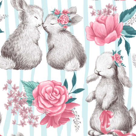Watercolor hand drawn holiday seamless pattern with cute little bunny animals couple and floral bouquets isolated. For Valentine day card, invitation, love print, gift packaging design.の写真素材