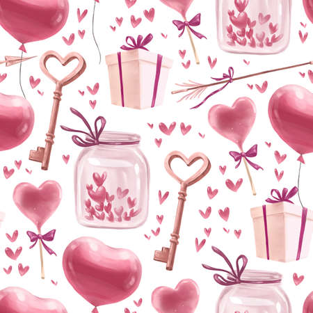 Watercolor hand drawn holiday seamless pattern with key, air balloons, jar, candy isolated. For Valentine day card, invitation, love print, gift packaging, nursery design.の写真素材